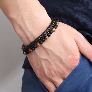 Brown Tiger's Eye Beaded Natural Stone & Black PU Braided Leather Bracelet NEW